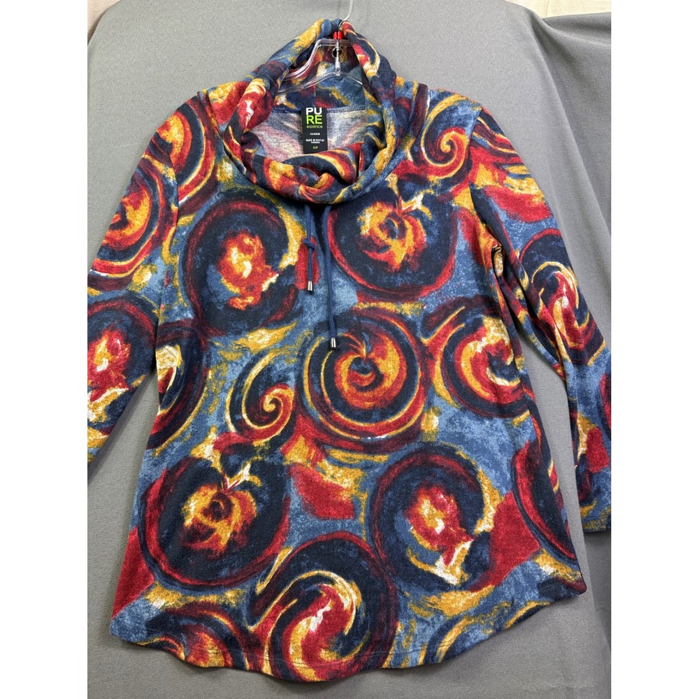 Pure Essence Women Blue Red Yellow Abstract‎ Swirl Cowl Neck Tunic Top 154-4534